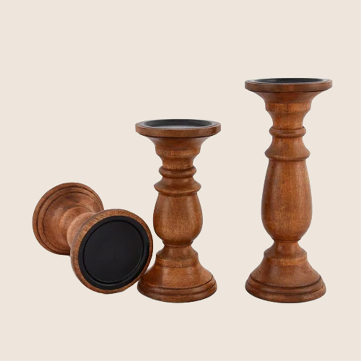 Hand Crafted Mango Wooden Candle Holders: Set of 3